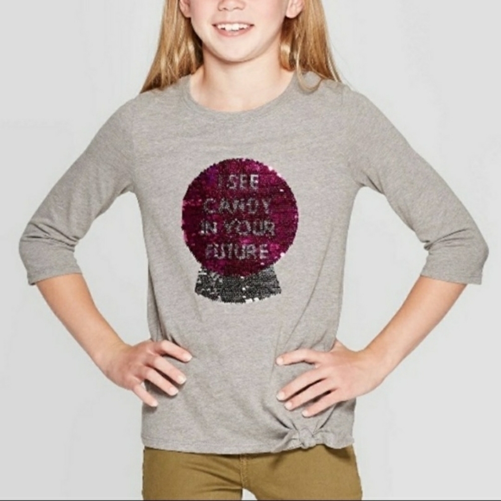 NWT Cat & Jack Tie Front Top Shirt "I See Candy" Halloween Girl's 6/6X Sequin